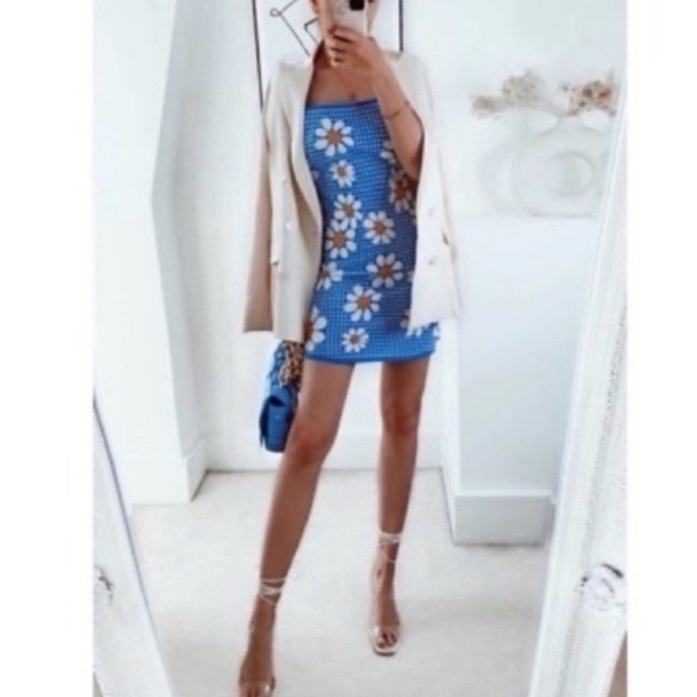 Zara Blue Gingham Daisy Floral Knit Mini Dress Open Back Size Small - Picture 2 of 15